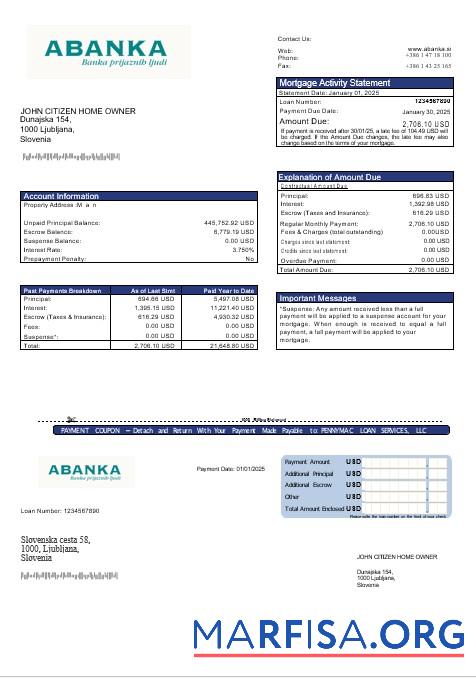 Printable Slovenia Abanka bank mortgage statement in Word and PDF formats real example
